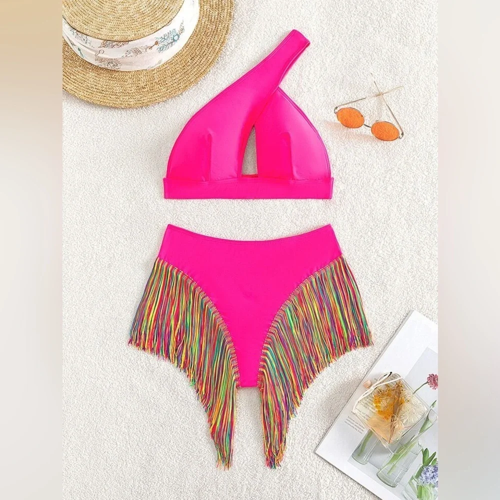 NWOT- Sexy fringe hem one shoulder bikini swimsuit - Picture 4 of 4